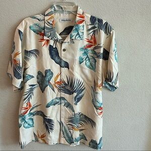 Tommy Bahama Cream and Blue Tropical Shirt— 100% Silk— Size M